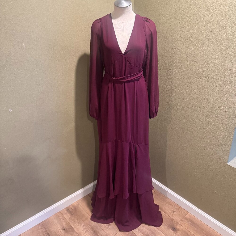 Lulus Wine Plum Long Sleeve Deep V Tiered Maxi Dress | NWOT | L
